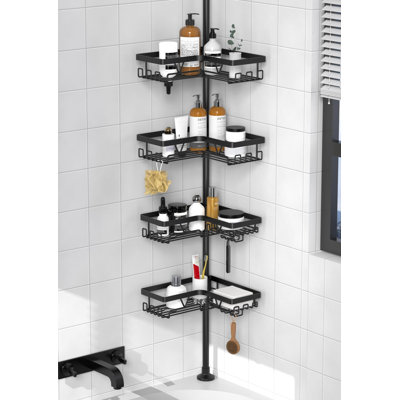 Corner Shower Caddy Tension Pole, Large Capacity Bathroom Organizer，28 Hooks with Soap and Razor Holders, Heavy Duty 4-Tier Shelves for Family Bathtubs and Renters, Adjustable 25-114.2 inch