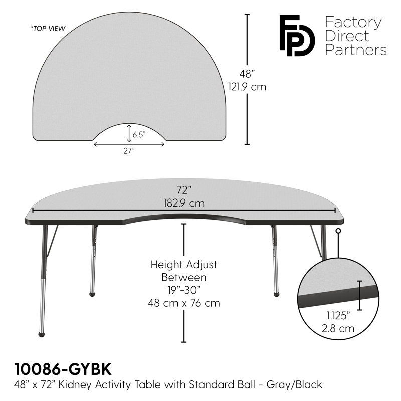 Table d'activité 48 "x 72" avec moulures en T et pieds réglables, Gris/noir, Standard Ball Glide