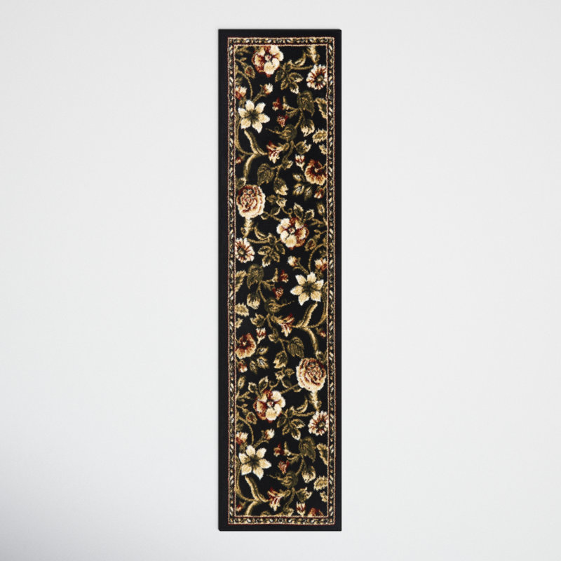 Tapis noir, bourgogne et ivoire à motif floral Gossard, Tapis de couloir : 1 pi 9 po x 7 pi 2 po