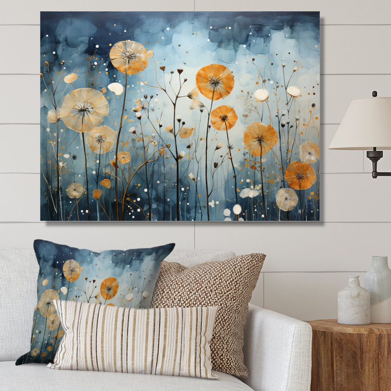 Blue Dandelion Floral Symphony VI - Floral Wall Art Living Room, H 34 po x l 44 po x P 1,5 po, Toile tendue