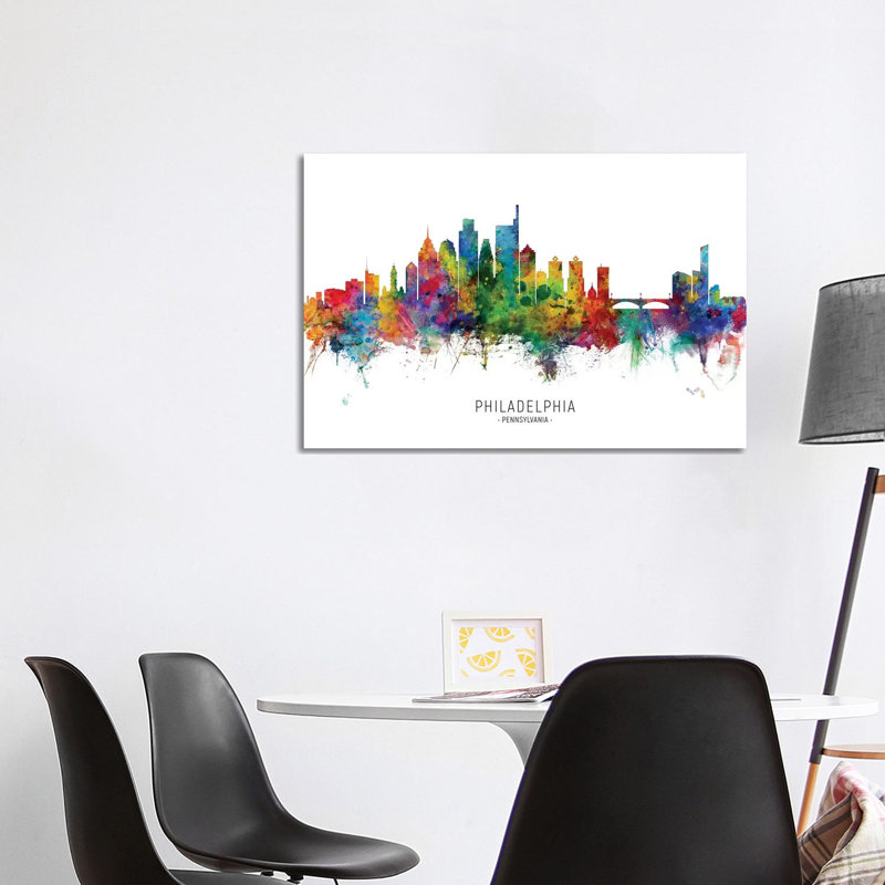 «Philadelphia Pennsylvania Skyline» par Michael Tompsett - peinture sur toile tendue, H 26 po x l 40 po x 1,5 po