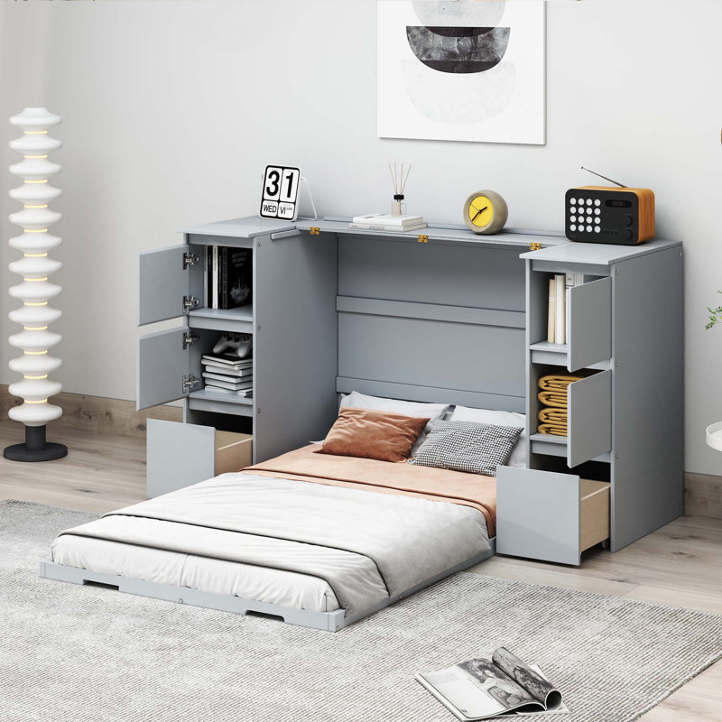 Murphy Bed With Drawers, Cabinets And USB Ports, Grey, Twin