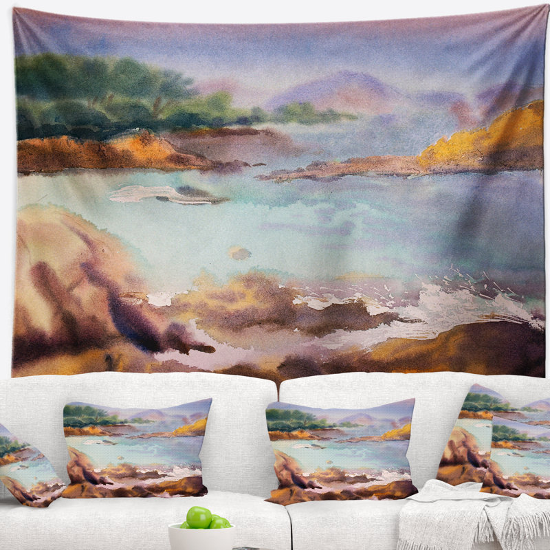 Paysage marin aquarelle tranquille tapisserie des eaux, H 32 po x l 39 po