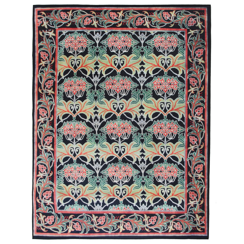 8X8 Square Black William Morris Machine Washable Area Rug with Built-in Padding Non-Slip Backing, Rectangle 6' x 9'