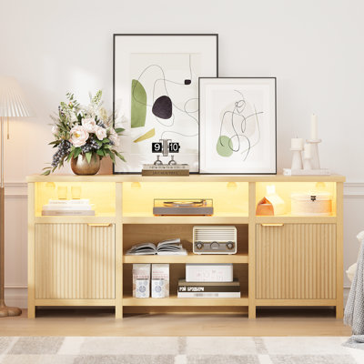 Meuble télé en chêne pour divertissement de 80 pouces, console multimédia au design spacieux, rangement intelligent et assemblage rapide dans le salon