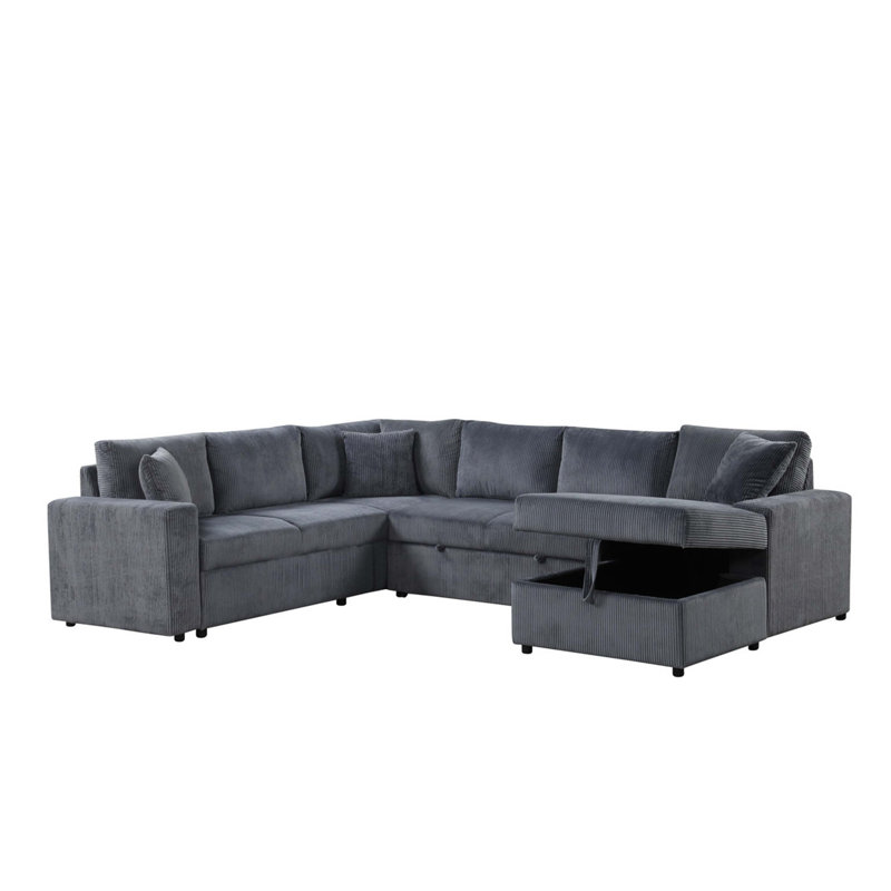 123"W Corduroy Sleeper Sectional Sofa With Right-Facing Storage Chaise And Throw Pillows, Gray Corduroy