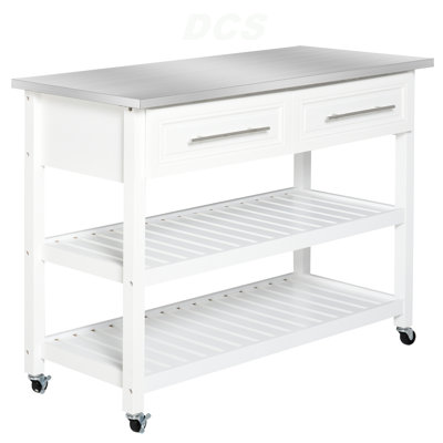 Kitchen Island With Stainless Steel Top, Open Shelves, And Drawers, Gray, Kitchen Island