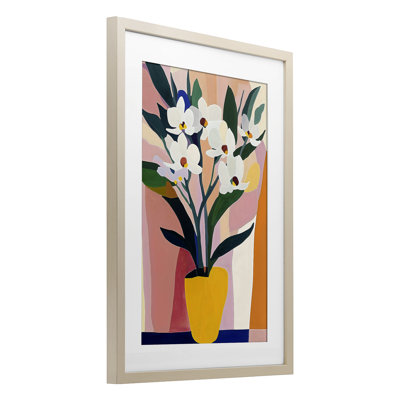 Vase jaune de grandes fleurs, reproduction encadrée sous verre, design by Creative Studio