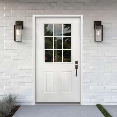 Porte d'entrée extérieure en fibre de verre moderne 9-Lite avec finition blanche grain de chêne