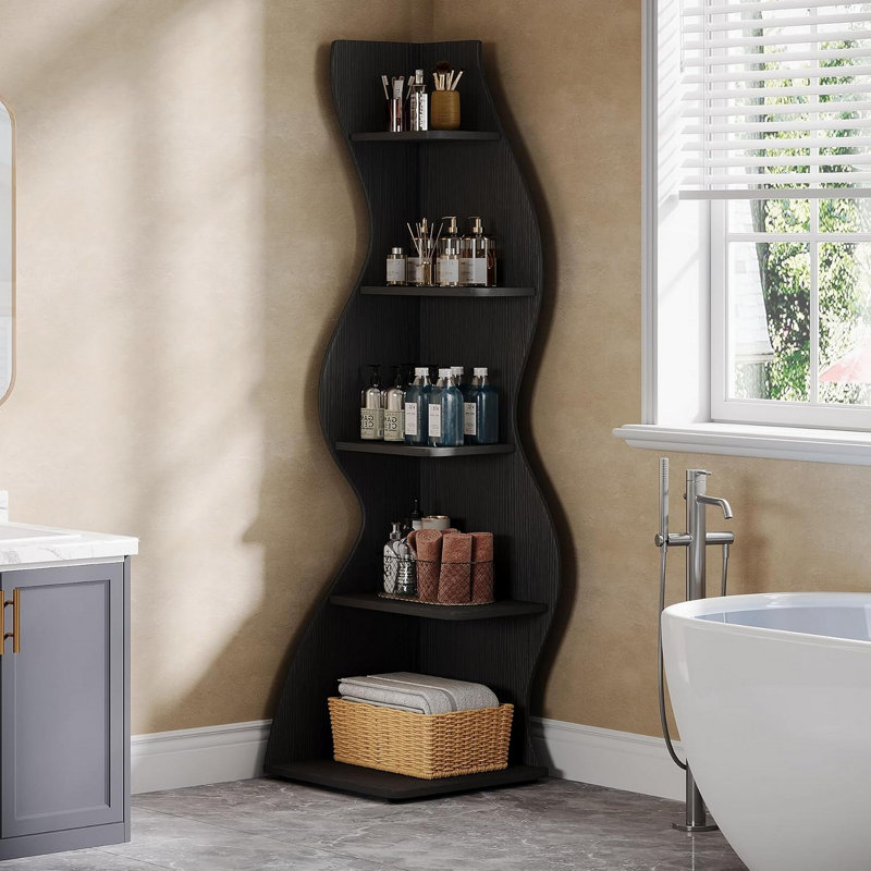 69.8"Height 5-Tier Wavy Black Corner Bookshelf And Plant Stand For Living Room Small Space, Black