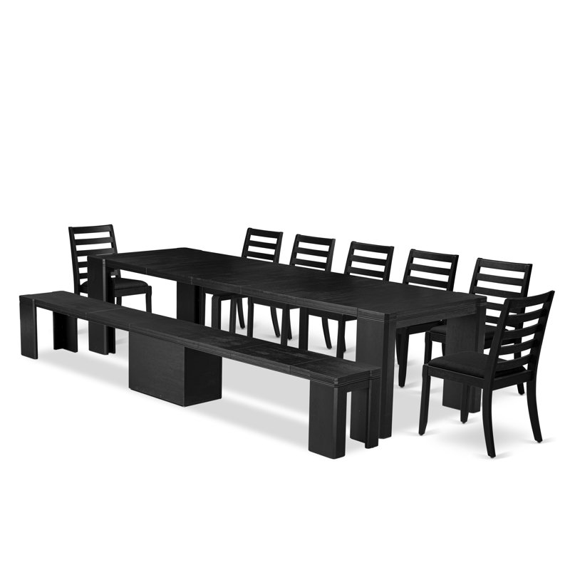 9-piece Modern Dining Table Set a Rectangular Xtenczar Dining Table and 2 wooden Benches and 7 Black Linen Fabric Stackable Chair, Wire Brushed Black