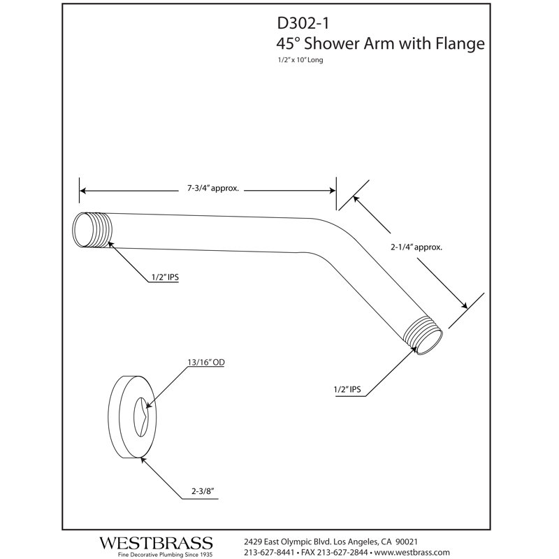 10" Polished Chrome Wall Mounted Shower Arm with Flange