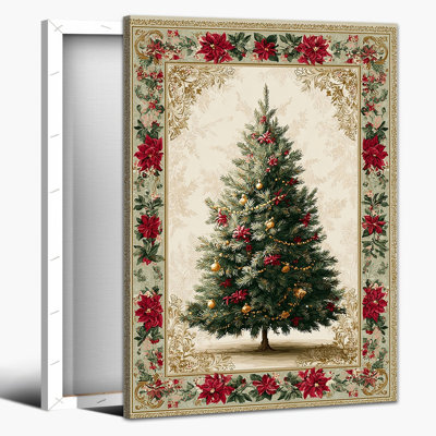 Abiella – Classic Christmas Tree Canvas Painting, Vintage Poster Print with Poinsettia Border, Wall Artwork for Holiday Home Decor Living Room Bedroom Ready to Hang, 12×16 Inches