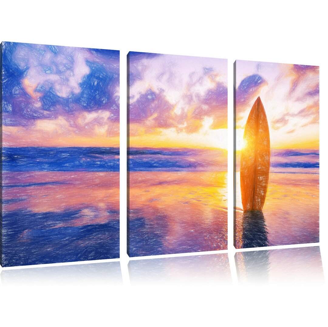 3-tlg. Leinwandbilder-Set „Surfbrett am Strand bei Sonnenuntergang“, Grafikdruck