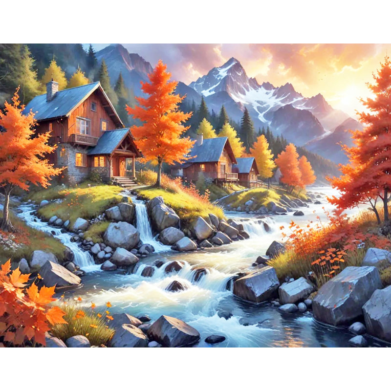 «Autumn Cabins» par Mountain Stream, art mural sur toile tendue, H 30 po x l 40 po