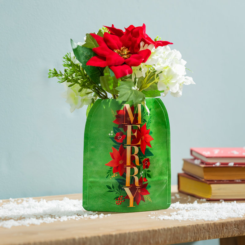 Holiday Poinsettia LED Table Decor PVC Vase with Floating Flickering Candle