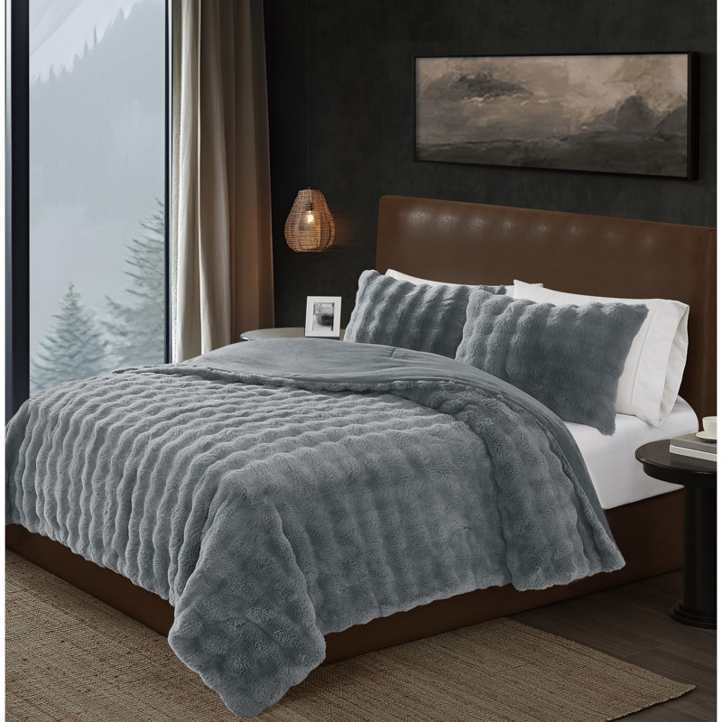 Ensemble d'édredon en fausse fourrure Frye Bubble, Gris, Édredon pour très grand lit + 2 taies décorativ
