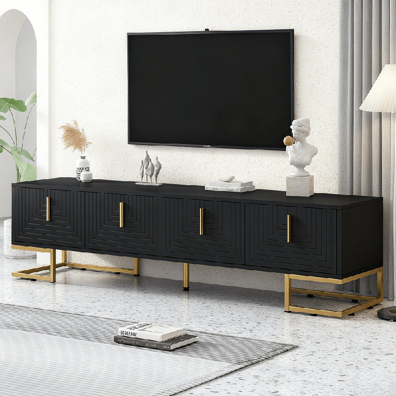 Black Modern TV Stand for TVs up to 80", Media Console with Cabinets, Adjustable Shelves, Metal Legs & Gold Handles, Luxury Entertainment Center with Geometric Lines