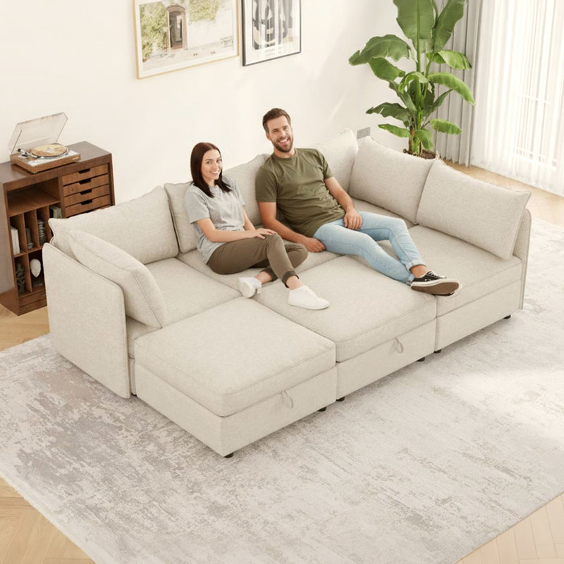 Canapé modulaire 6 places avec rangement caché, canapé convertible avec coussins moelleux, Polyester beige