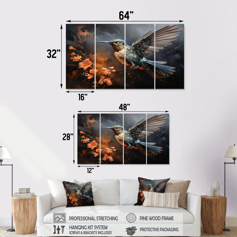 «Midnight Floral Bird Melody IV - Hummingbird», ensemble de 4 décorations murales, H 28 po x l 48 po