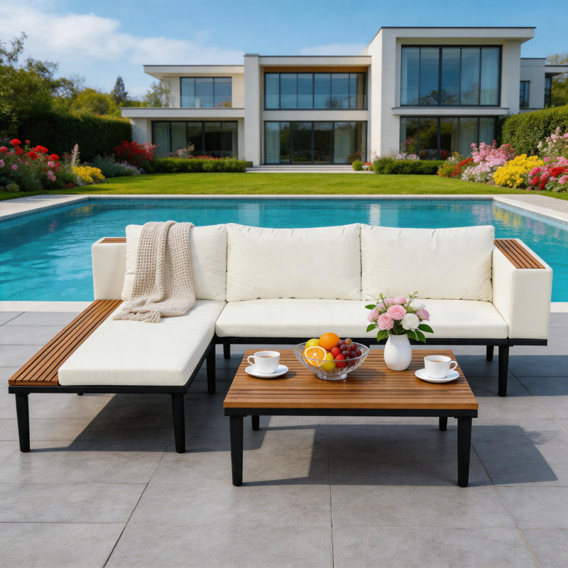 L-Shaped Acacia Wood Patio Sectional Set With Off-White Cushions & Coffee Table