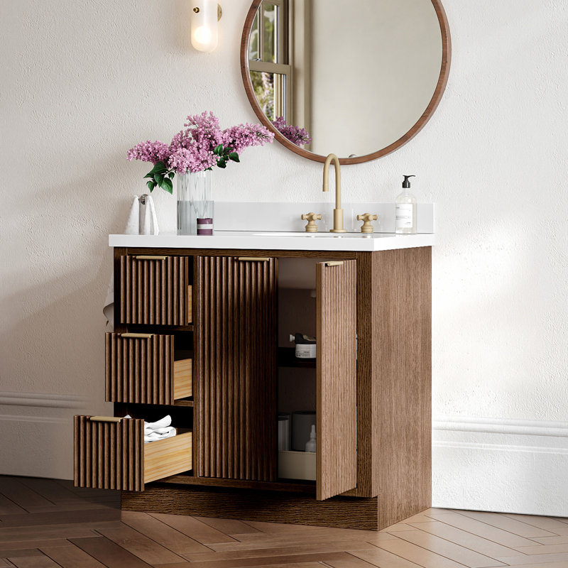 Haun 36'' Solid Wood Single Bathroom Vanity with 1.5'' Carrara Quartz Top, Rectangle, Left, Brown Oak