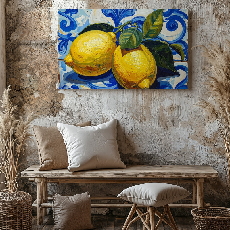 Wall Art Mediterranean Lemon Tile Canvasbold Citrus Still Life On Blue Ceramic Background Canvas, 16" H x 20" W