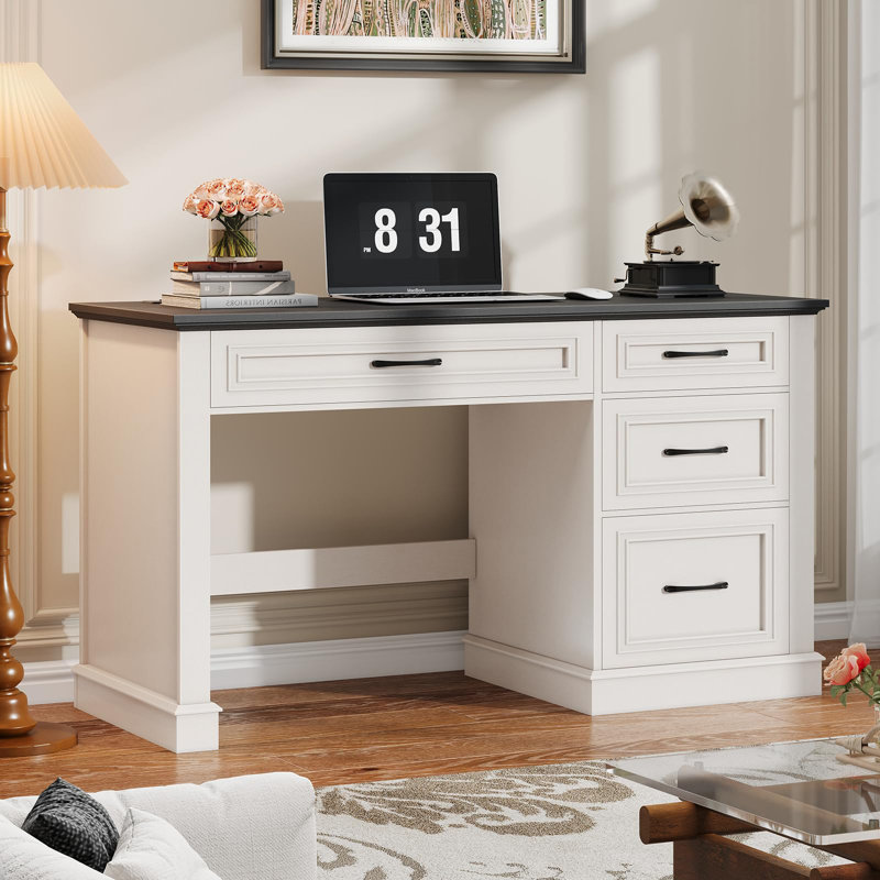 Farmhouse 47" Executive Desk With Charging Station, Black/White