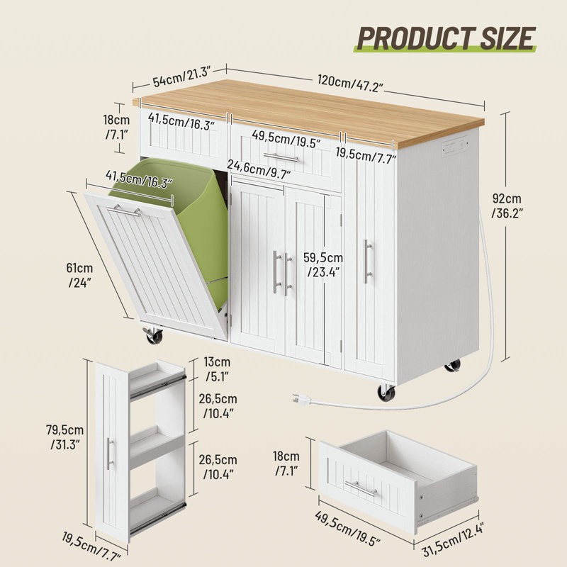 Îlot de cuisine roulant en bois avec prise de courant, armoire à ordures basculante mobile pour chariot d'îlot de cuisine, roulettes verrouillables, tiroir de rangement et porte-serviettes