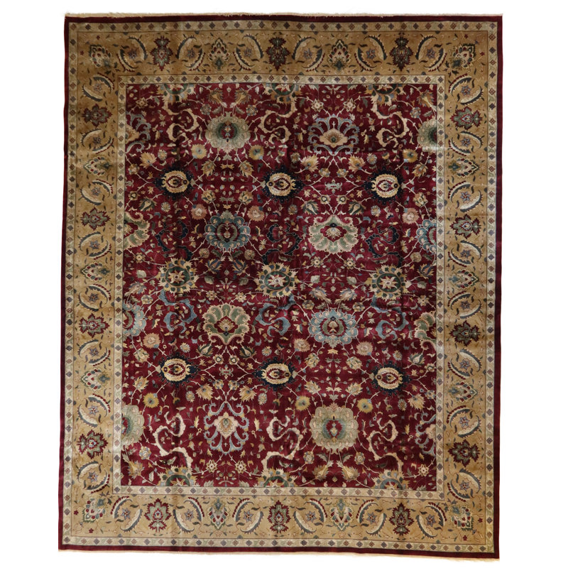 Oriental Hand-Knotted Wool Area Rug in Burgundy/Brown/Blue/Black, Rectangle 12'2" x 14'9"