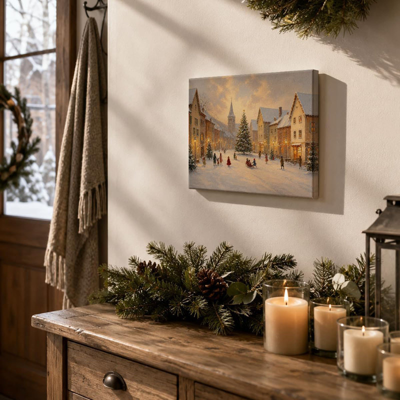 Christmas Village Farmhouse Wall Art Winter Street Canvas Print Framed Snowy European Village Street with Warm Lights, Holiday Decor for Living Room Entryway Office Bedroom 8 x 10 Inch