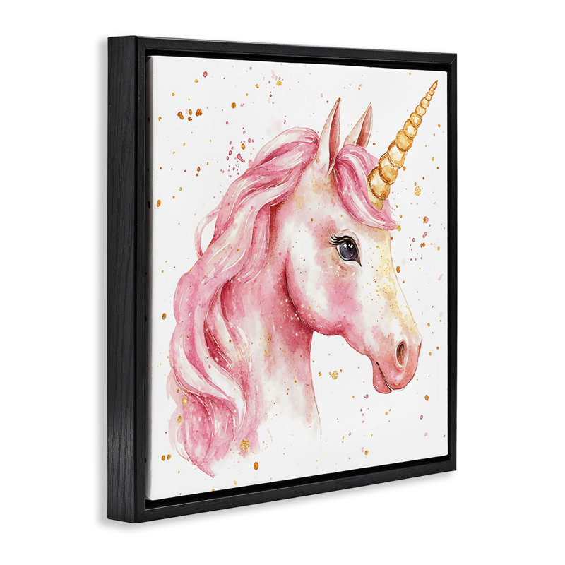 Licorne rose avec cadre flottant éclaboussures de peinture, design Creative Studio, Cadre flottant noir de jais