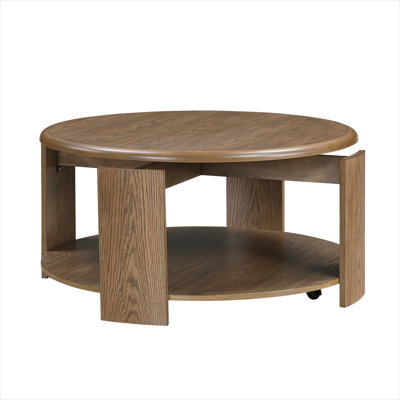 Table basse ronde avec plateau pivotant et tablette ouverte, bois massif brun classique, 39,5 W