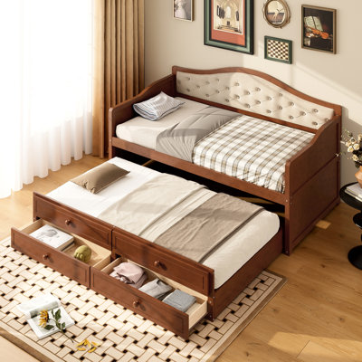Lit de jour simple avec lit gigogne et 2 tiroirs de rangement, dossier capitonné en noyer pour chambre d'amis