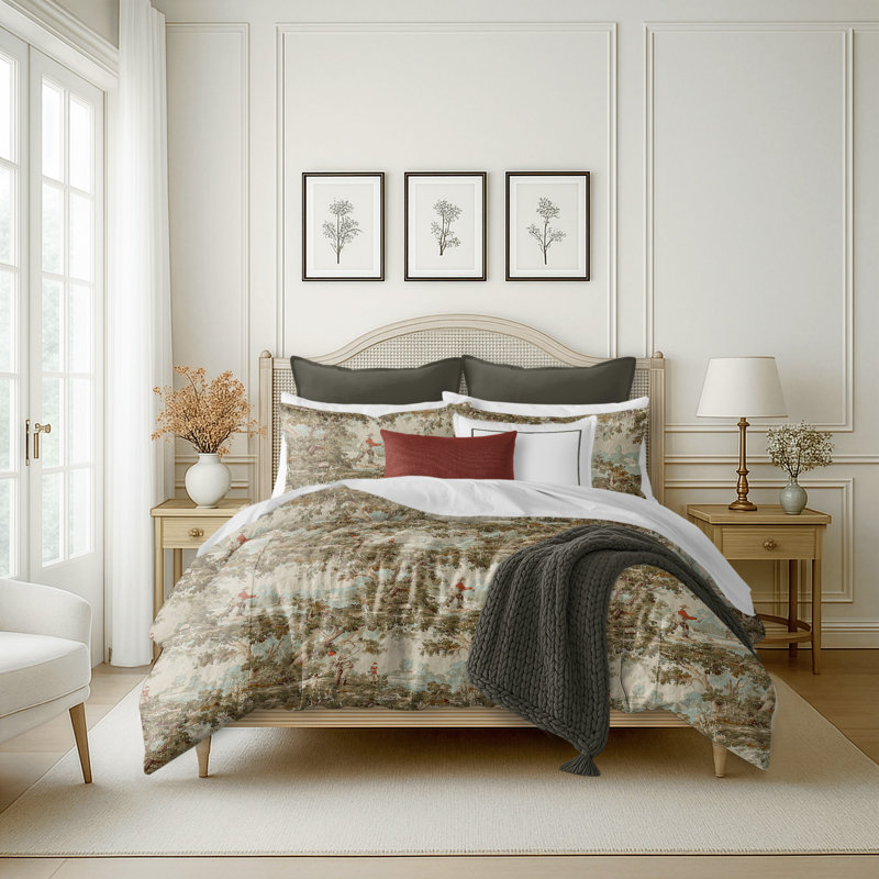 Greenwood Ivory/Red Linen Duvet Cover Set, Twin Duvet + 1 Standard Shams