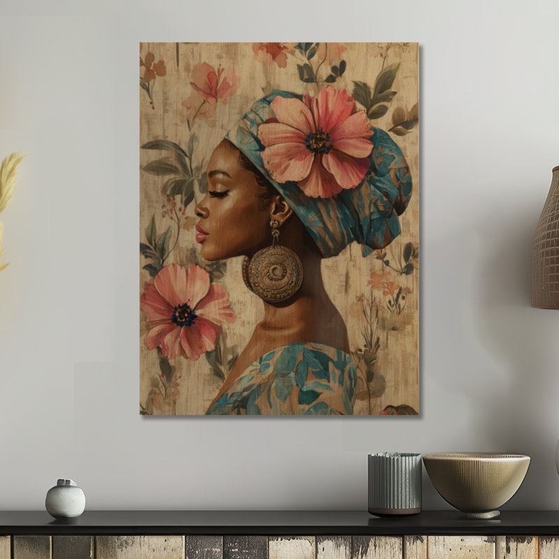 Muse couronnée de fleurs I - Décoration murale Femme africaine bleue, imprimée sur bois, H 32 po x l 24 po, Rectangulaire