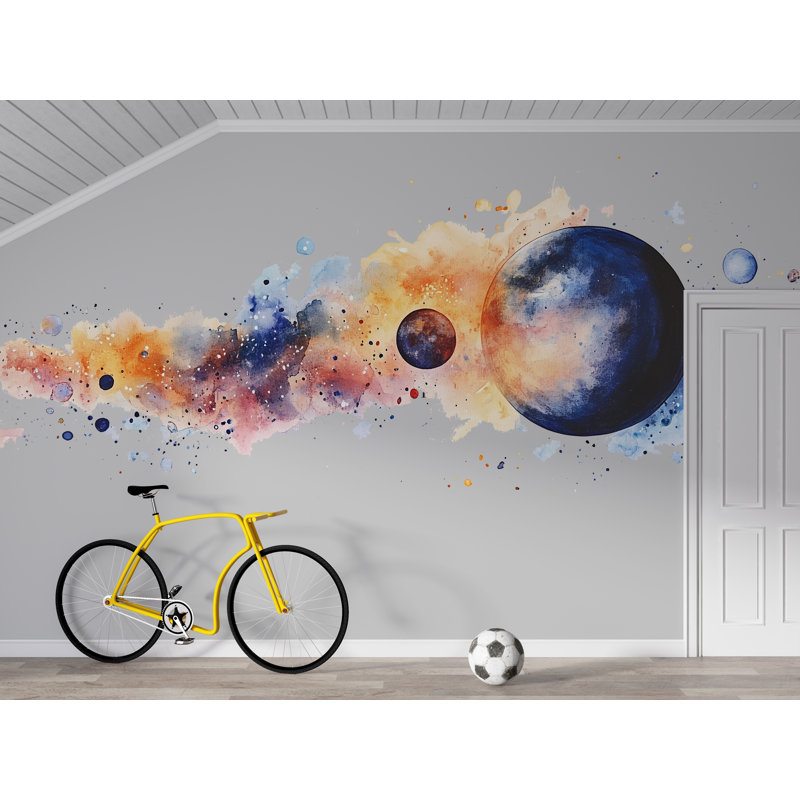 Art mural aquarelle espace, décor de chambre de bébé planète, galaxie chambre d'enfant, murale moderne espace 152Mv