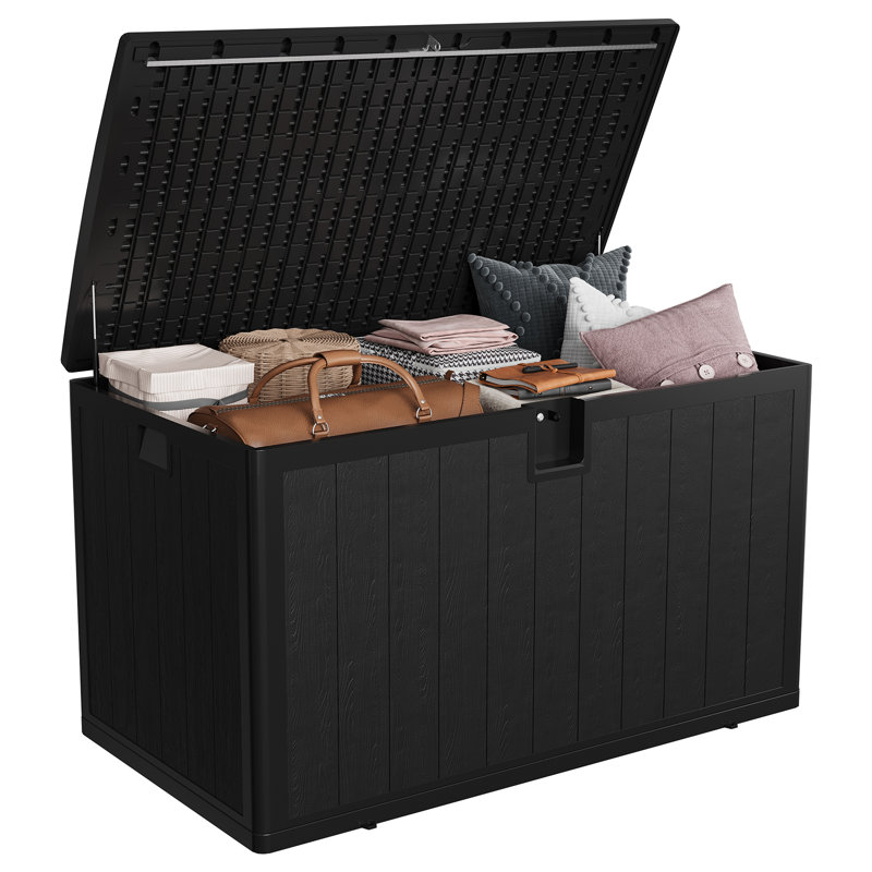 130 Gallon Outdoor Resin Deck Box – Waterproof, Lockable Lid, UV-Protected, Weather-Resistant – Storage Bench for Patio Cushions, Garden Tools, Pool Accessories – Black