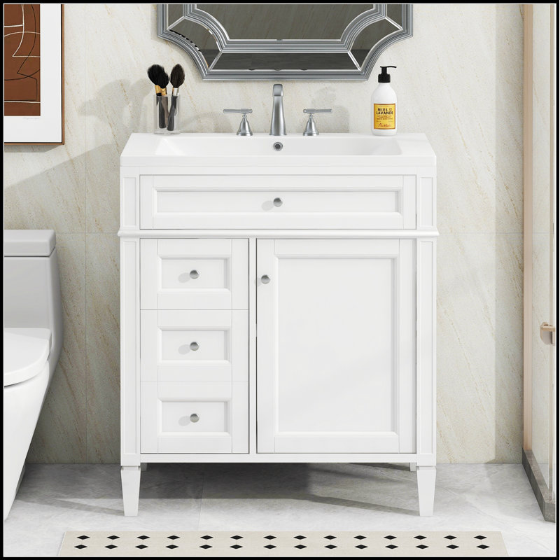 Meuble-lavabo moderne de 30 pouces avec lavabo supérieur et 2 tiroirs, parfait pour un rangement élégant et efficace, Blanc