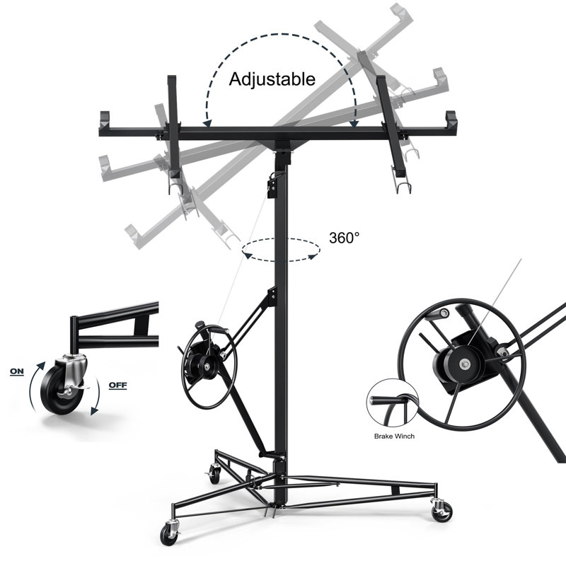 Palan à panneau de levage pour cloison sèche de 16 pi, cric robuste de 150 lb avec rotation à 360 °, bras télescopique réglable et roulettes verrouillables