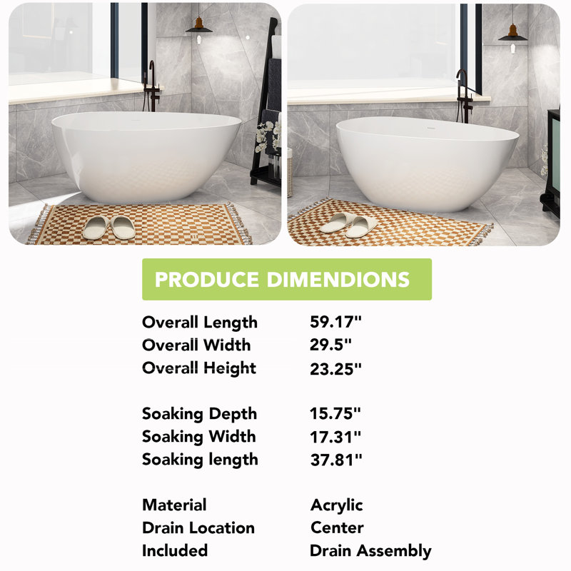 61'' x 30.7'' Soaking Acrylic Bathtub