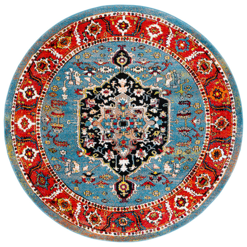 Tapis rétro bleu / rouge 266 Hamadan, Rond 6 pi 7 po