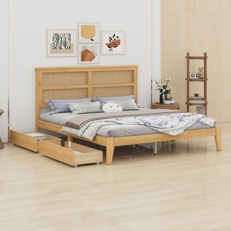 Lit avec tête de lit en rotin, tiroirs de rangement, supports et pieds de soutien améliorés, Chêne blanc