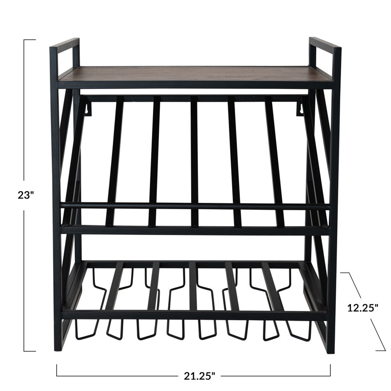 Étagère murale en métal et bois de manguier avec porte-bouteilles et porte-verres
