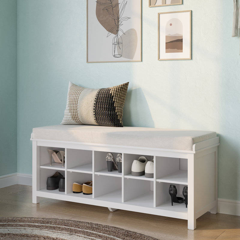 White Solid Wood Shoe Storage Bench with Cushion