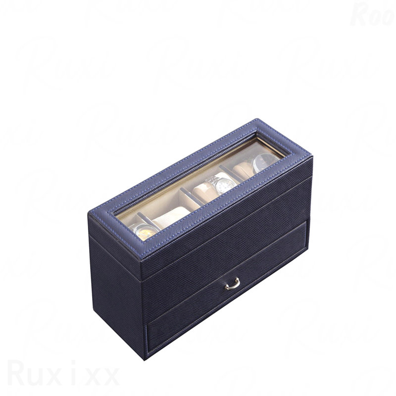 Présentoir à bijoux / montre en verre trempé de 9,3 po de long avec tiroirs, bleu
