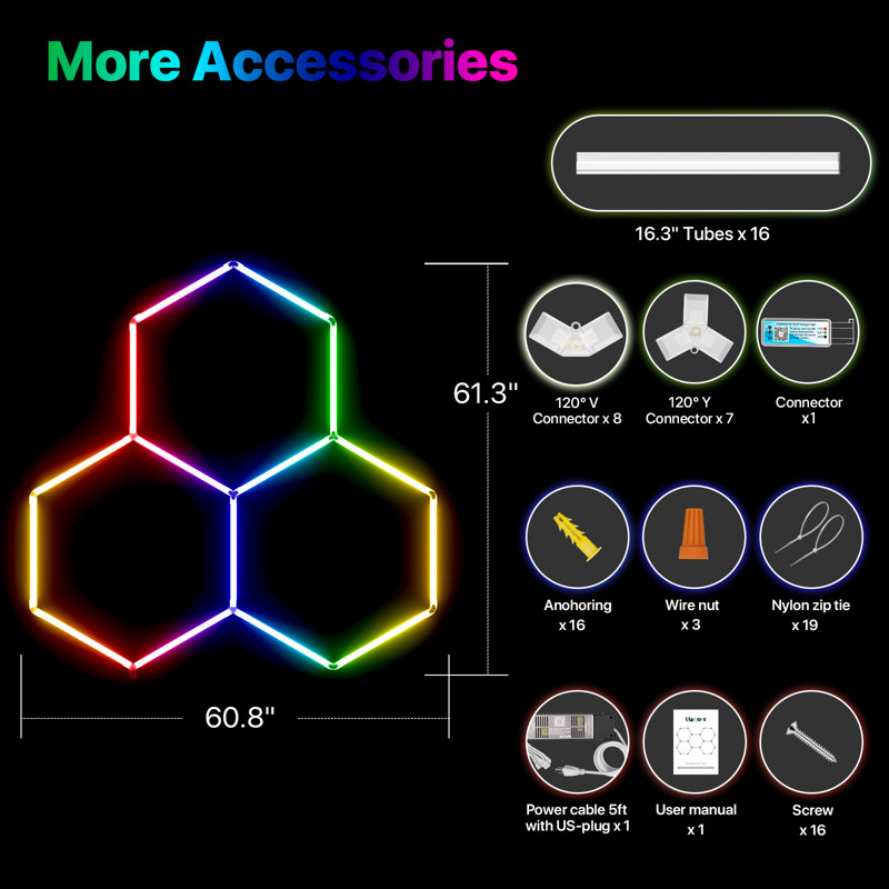 RGB Hexagon LED Wall Lights Smart Modular Honeycomb Panels, Music Sync, App & Remote Control, DIY Color Lighting For Gaming Room