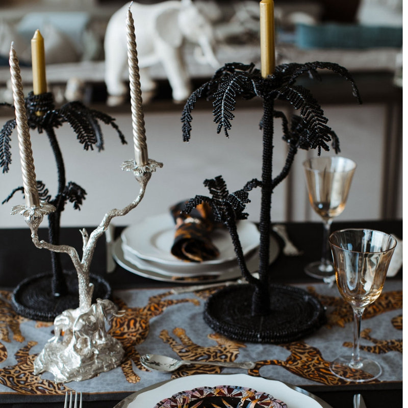 Desert Palm Tree Candlestick, 15" H x 9" W x 9" D, Black