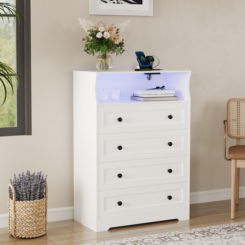 Tall Dresser for Bedroom with LED Lights & Charging Station, 4 Drawers Wood Chest of Drawers for Closet, Living Room, Hallway