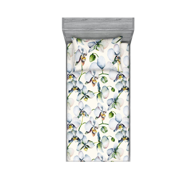 Drap-housse et taie décorative Ambesonne motif orchidée boho vert réséda bleu tendre